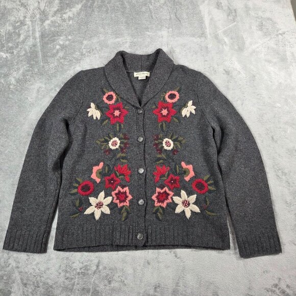 Vtg Eddie Bauer Cardigan Womens M Gray Wool Floral Embroidery Cottage Grannycore - Picture 2 of 7